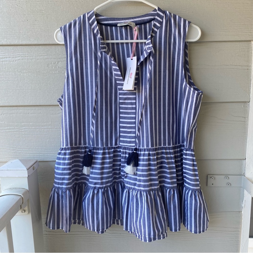 VINEYARD VINES Simple Striped Tiered Top Deep Bay and White